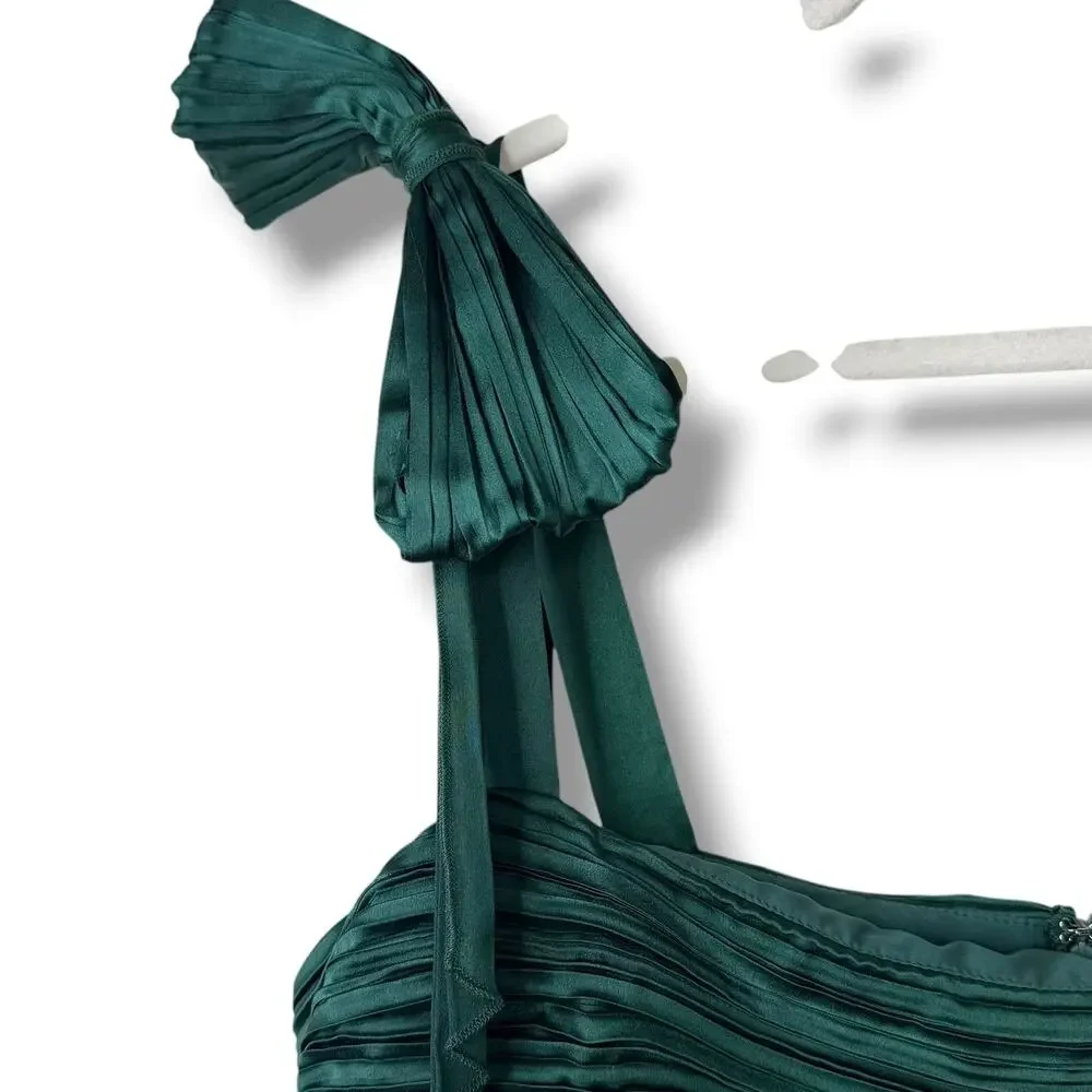 NEW Lulus Emerald Green Gorgeous Purpose Satin Pleated Sleeveless Bow Maxi Dress - Picture 11 of 16